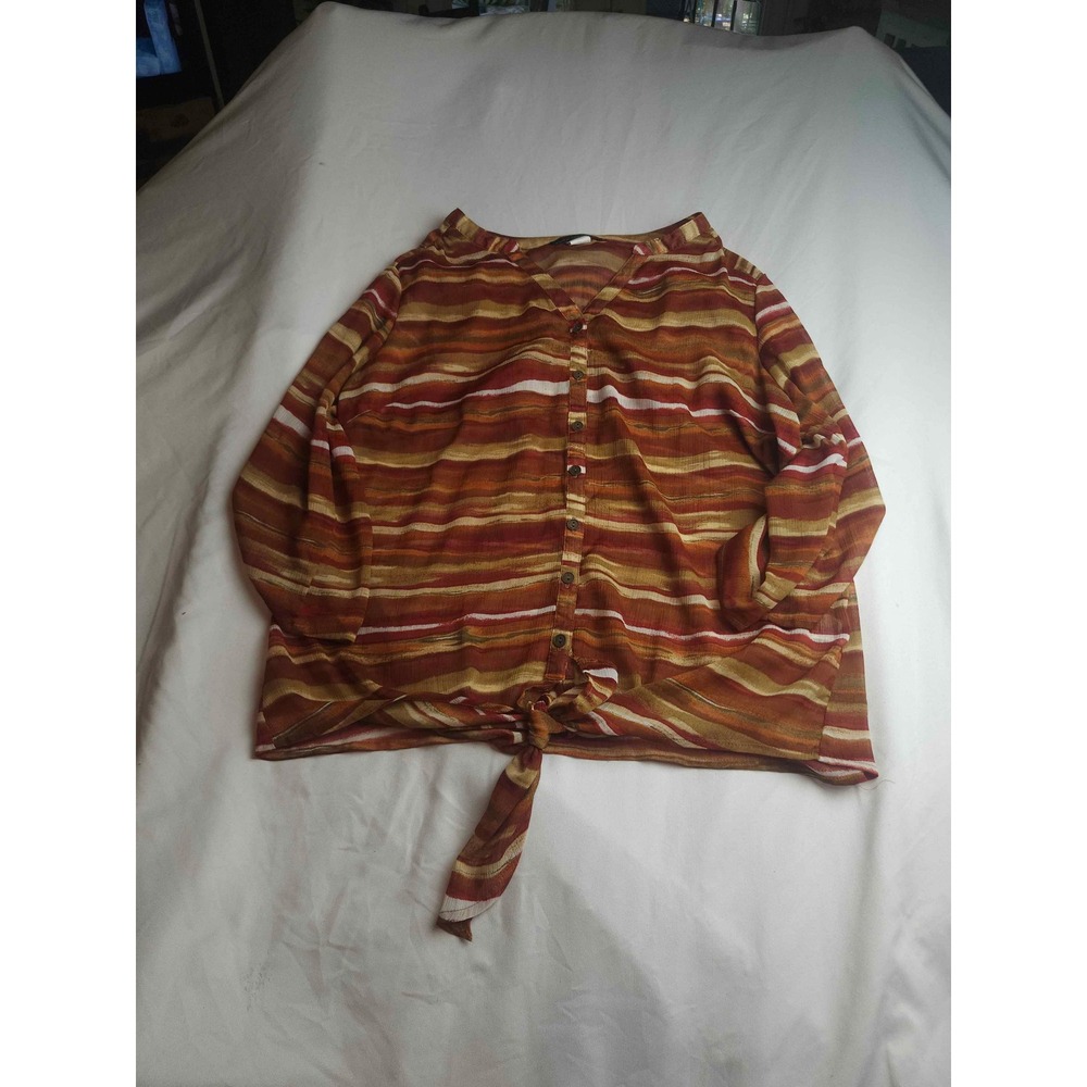 Sara Michelle Woman Stripe Tie Front Button Down Blouse Rust Gold 1X
